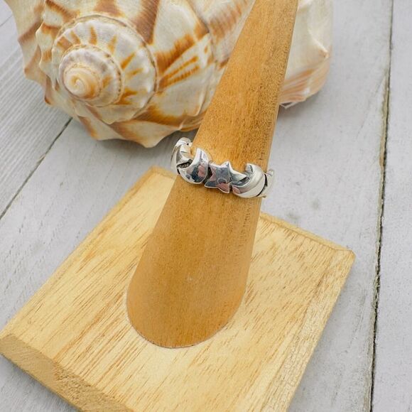 Moon & Stars Sterling Silver Ring Size 7 - Picture 1 of 8